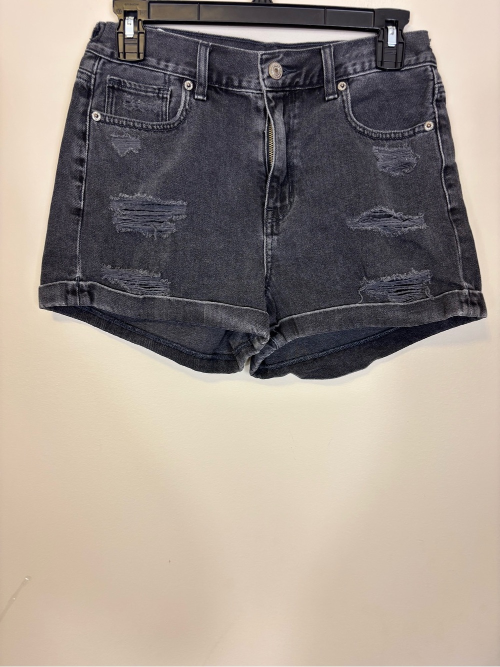 American Eagle High Rise Black Distressed Mom Denim Shorts 4